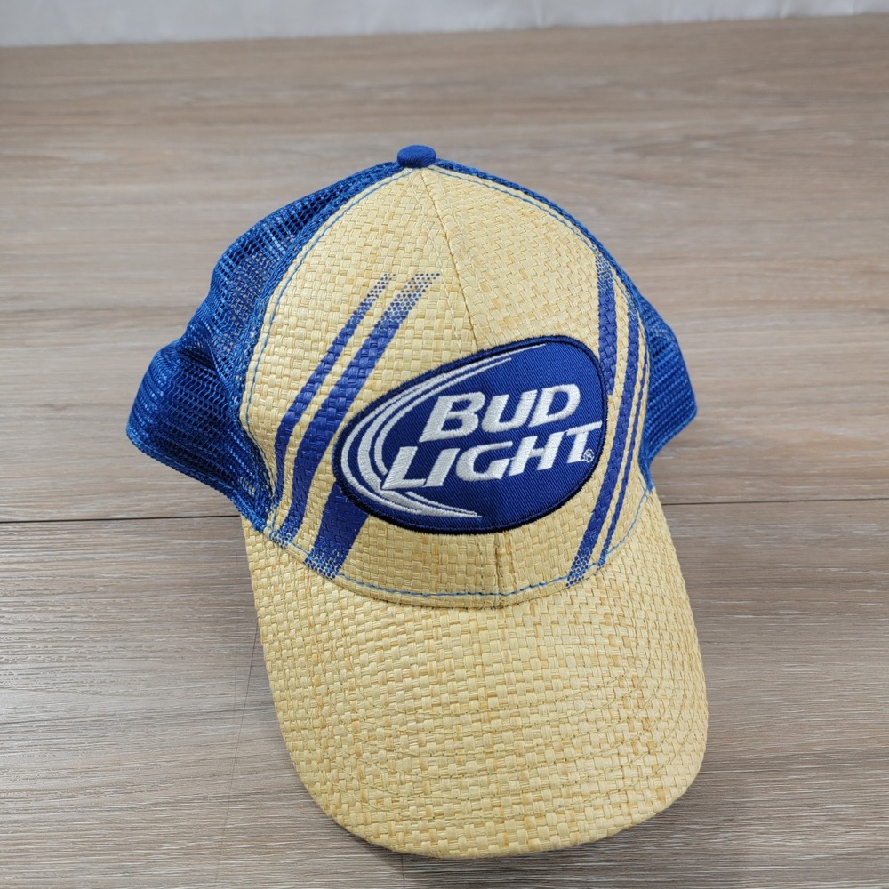 Bud Light Hat Beer Straw Trucker Cap Adjustable Blue Tan